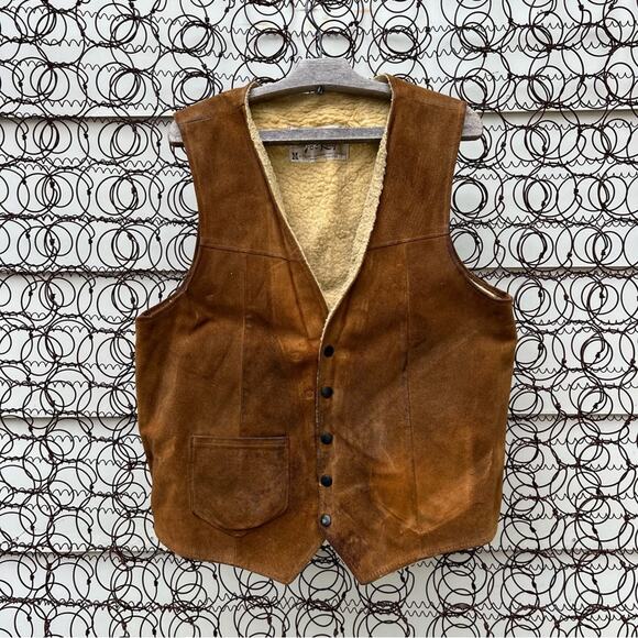 Vintage 70s Jo-O-Kay Tandy Leather Suede Shearling Yellowstone Cowboy Vest - Picture 1 of 8
